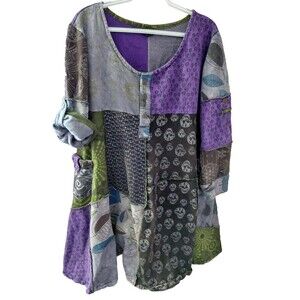 Fair Trade Gringo Roll Tab Sleeve Midi Dress Garden Goth Size XL 100% Cotton